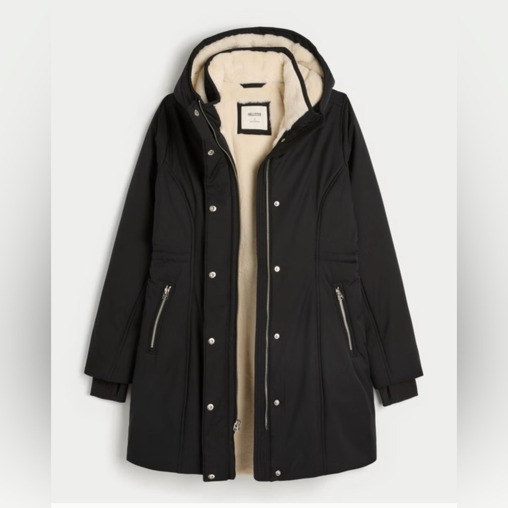 Hollister Black Faux-Fur Lined Parka Jacket Coat XS